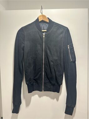 Rick Owens Black Leather Bomber Jacket with Sleeve Zip Pocket